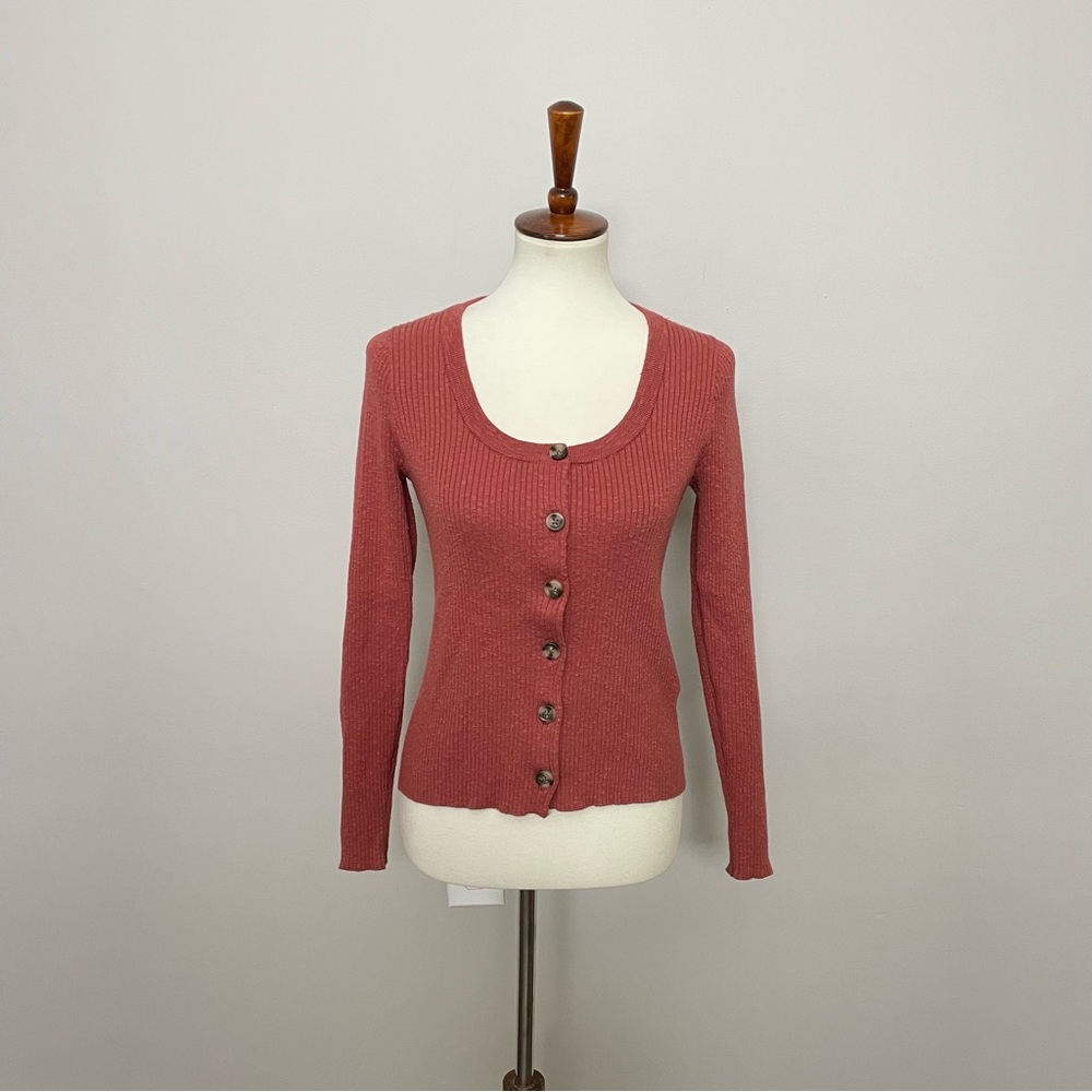 Madewell Sweater Cardigan Top Scoopneck Cropped Buttons Front Textured Rust Pink